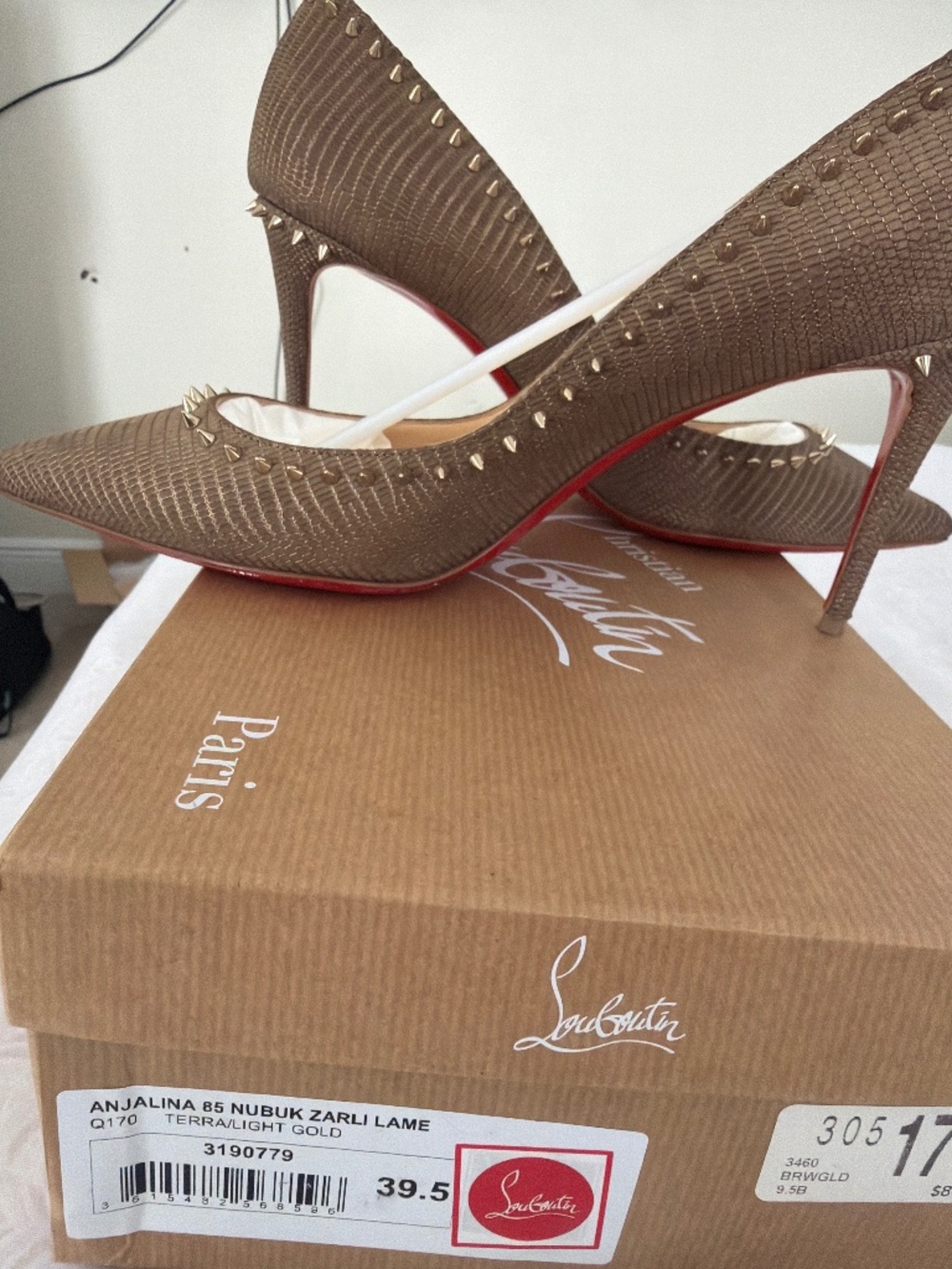Christian Louboutin Anjalina 85 Nubuk Zarli Lame heels in Terra/Light Gold, size